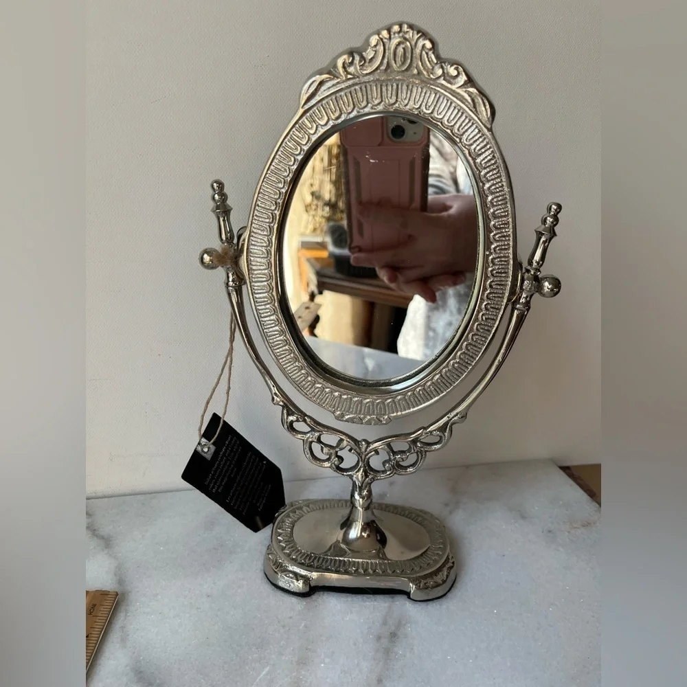 Silver tone metal antique style vanity mirror adjustable free standing 10” high